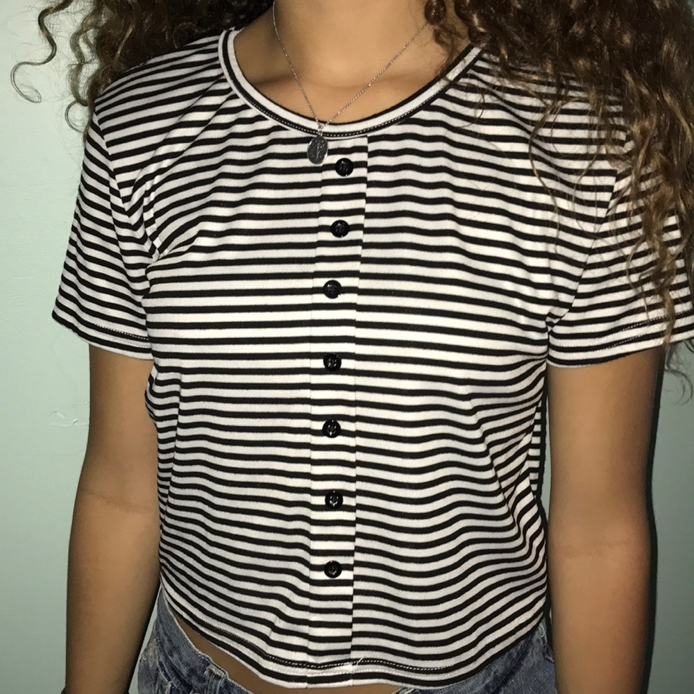 Striped black and white button up crop top XL